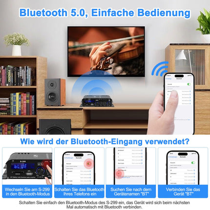 S-299 4.1-kanaliga HiFi võimendi, RMS 40Wx4+50W Bluetooth mini-audiovõimendi, max. 800W võimsus, passiivne subwoofer-võimendi, DC 12V/5A kodukõlaritele, USB SD-pesa, AUX