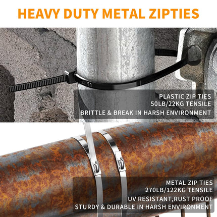 100 metallist kaablisidemet, 800 mm × 4,6 mm, roostevabast terasest metallist kaablisidemed, kandevõime 122 kg, roostevabast terasest kaabliside (304), sobib õhupuhasti mähkimiseks, aia ja välistingimustes kasutatavate varikatuste jaoks.