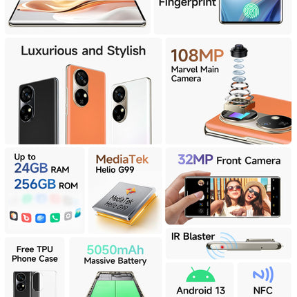 Ulefone Note 17 Pro lukustamata nutitelefon, 2.4K AMOLED 120Hz kumer ekraan, 108MP + 32MP kaamera, Android 13 nutitelefon, 24GB + 256GB Helio G99 33W kiirlaadimisega, 6.78-tolline FHD+ 5050mAh aku, oranž