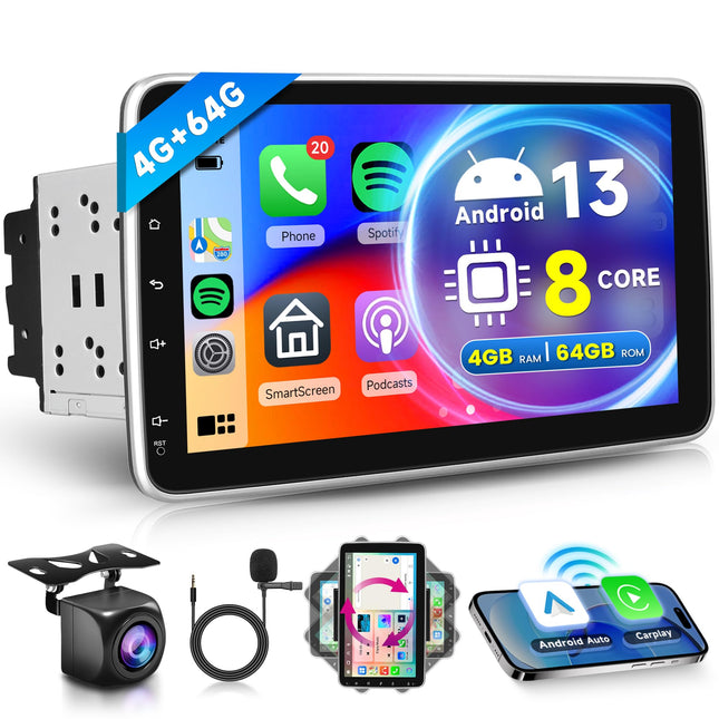 8 Core 4G+64G Wireless Carplay Android 13 Car Radio 2 Din with Android Auto GPS Navigation WiFi 10.1 Inch Rotatable Screen Car Radio with Mirror Link Bluetooth FM/RDS/DAB Steering Wheel Control Rear View Camera