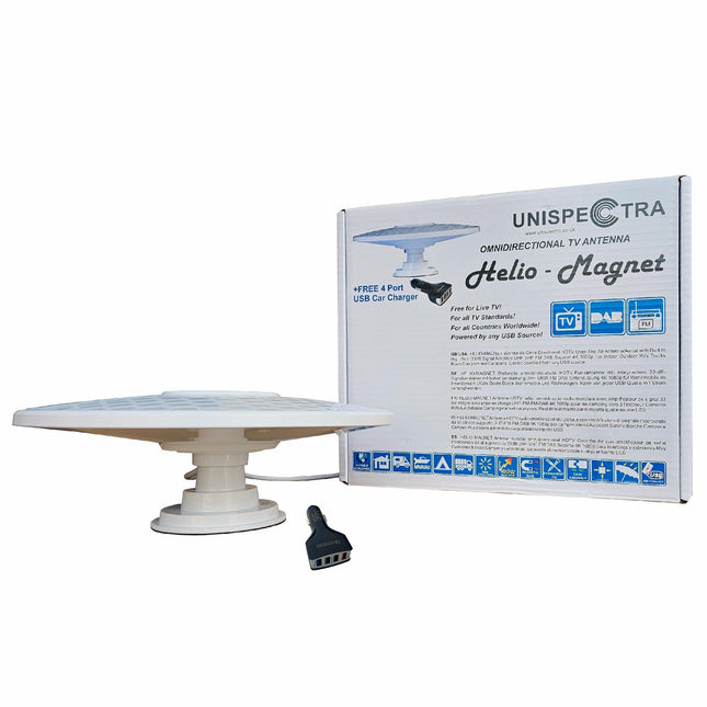 Helio-Magnet pikamaa digitaalne HD TV antenn, 360° igasuunaline, 33dB suure võimendusega võimendi UHF FM DAB. Toide 12V/24V/5V USB kaudu. Ideaalne matkaautodele, veoautodele, haagissuvilatele ja mererakendustele.