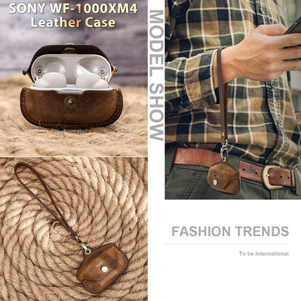 Hiram Handmade Genuine Leather Travel Headphone Case Compatible with Sony WF-1000XM4 True Wireless Durable Headphone Carrying Bag (Coffee)