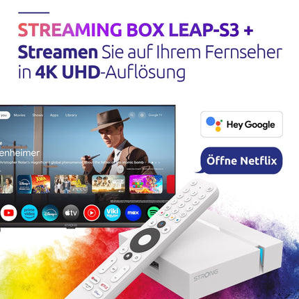 STRONG - Android TV 4K UHD voogedastusboks - Leap-S3+ V2 - Chromecasti sisseehitatud - Ühildub Google Voice Assistantiga - Dolby Atmos ja Dolby Vision - Google Play, Netflix, Prime Video ja palju muud