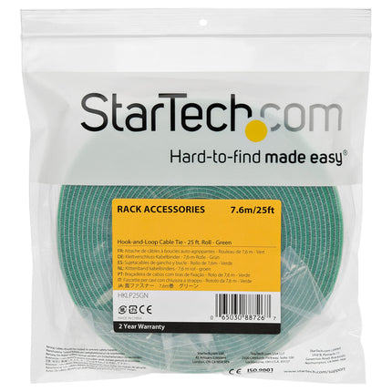 StarTech.com 7.6 m Hook and Loop Cable Tie Roll - Reusable Cuttable Hook and Loop Cable Ties - Industrial Hook and Loop Fastening Roll / Hook and Loop Tape Roll - Hook and Loop Straps for Cable Management - Green (HKLP25GN)