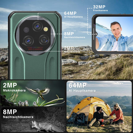 OUKITEL WP39 Pro Outdoor Smartphone 5G 36GB+512GB/2TB, 11000mAh Android 14 Outdoor Unlocked, MTK6300 Octa-Core Waterproof Construction Site Phone, 64MP+32MP, 6.6'' FHD+/Fingerprint/NFC/33W-Green