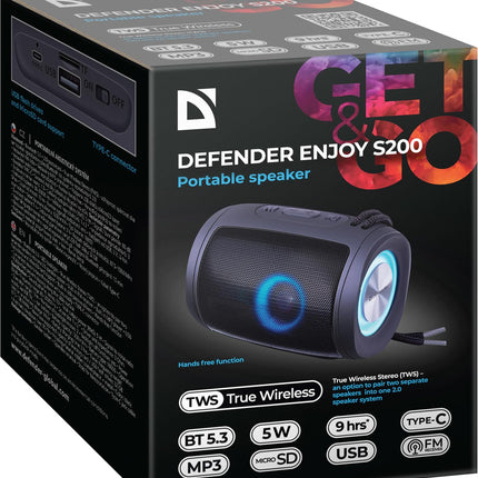 Defender® Enjoy S200 Bluetooth Speaker – Portable 5W Music Box with TWS, LED Light, Radio, USB, MicroSD, MP3, AUX, Microphone, Hands-Free Function &amp; 10h Battery – Wireless Mini Speaker with Handle