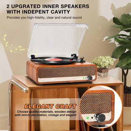 Udreamer plaadimängija kõlariga, Bluetooth-plaadimängija, vintage-vinüülimängija, toetab USB-AUX-sisendit, kõrvaklappe, RCA-liiniväljundit, 3 kiirust, rihmülekanne, peeglidisain, oranžkollane