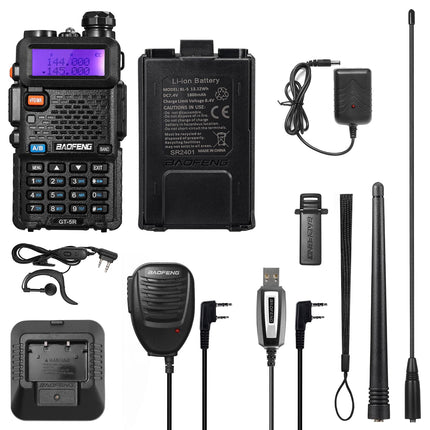 BAOFENG GT-5R raadiosaatja, kahe sagedusalaga kahesuunaline raadio UHF VHF 144-146/430-440MHz jaoks, 128 kanali mäluga, 1800 mAh akuga, programmeerimiskaabliga, täiskasvanute kõrvaklappidega, Chirp-toega