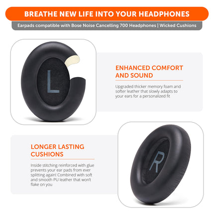 WC Wicked Cushions Upgraded Replacement Ear Pads for Bose 700 Noise Cancelling Headphones (NC700) – Softer PU Leather, Luxurious Memory Foam, Extra Thickness, Extra Durable | Black