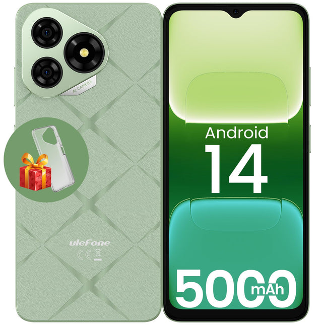 Ulefone Note 19 (2025) nutitelefon, Android 14, 6 GB + 64 GB ROM/SD-512 GB, kaheksatuumaline nutitelefon, soodne, 5000 mAh, 6,56-tolline HD+ mobiiltelefon, 8 MP + 5 MP, 4G nutitelefon ilma lepinguta, kahekordne SIM-kaart/Face ID/GPS/3 pesa - roheline