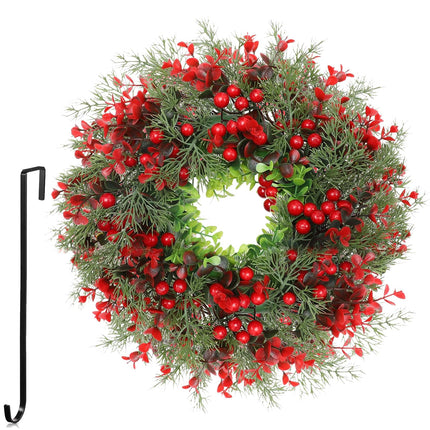 Christmas door wreath, fir garland with berries and flowers, artificial fir wreath, reusable Christmas wreath with black hook, Advent wreath decoration, Christmas wreath decoration indoors and outdoors