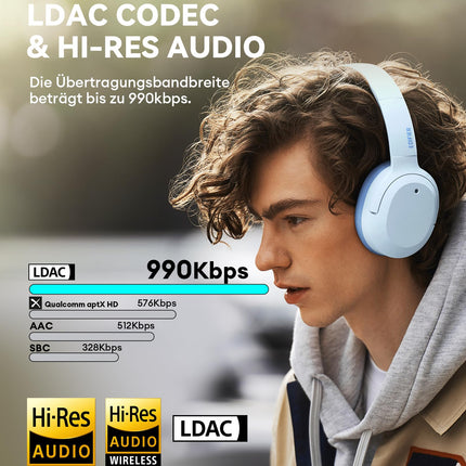 Edifier W820NB Plus hübriidsed aktiivse mürasummutusega kõrvaklapid - LDAC koodek - kõrglahutusega heli, juhtmevabad ja juhtmega - kiire laadimine - 49 tundi mänguaega - kõrvapealsed Bluetooth V5.2 kõrvaklapid - sinised