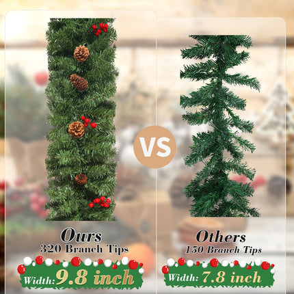 Christmas garland 270 cm, Uten fir garland with red berries and pine cones, Christmas decoration green, for door, stairs, wedding
