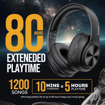 TuneFlux Bluetooth kõrvaklapid, 80 tundi aku tööiga, juhtmevabad Bluetooth kõrvaklapid 3 ekvalaiseri režiimiga, HiFi stereo, sisseehitatud mikrofon, kokkupandavad juhtmevabad kõrvaklapid - mustad