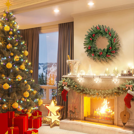Christmas wreath for the front door with 12 red berries, 120 pine leaf tips, artificial Christmas garland made of PVC+PE, hanging wreath, Christmas decoration for indoor outdoor window fireplace wall
