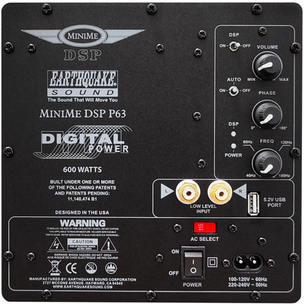 Earthquake Sound MiniMe-DSP-P63 6,5-tolline mikrovõimsusega subwoofer kahe 6,5-tollise SLAPS passiivradiaatori tehnoloogia ja DSP-juhtimisega, klavermust