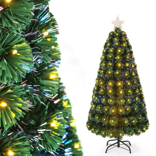 COSTWAY 150 cm kunstkuusk tuledega, kuusk 8 valgustusrežiimiga, 170 sooja valget LED-tuld, jõulukuusk fiiberoptilises optikas, valgustatud täht, kunstkuusk