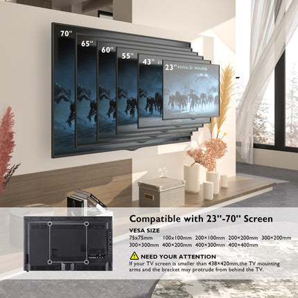 BONTEC TV seinakinnitus, pööratav ja kallutatav, täielikult liikuv, sobib 23–70-tollistele lamedatele ja kumeratele LCD-LED-teleritele või monitoridele kuni 45 kg, max VESA 400x400 mm