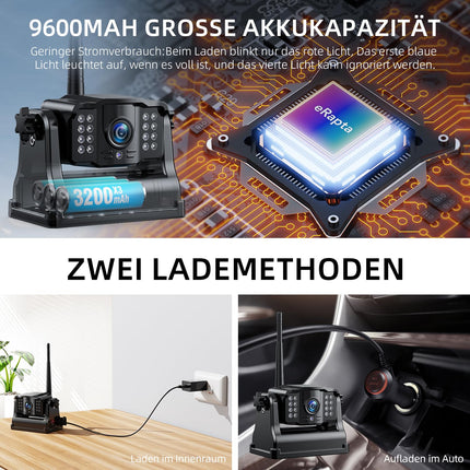eRapta 7" FHD monitor 2 juhtmevaba digitaalset tahavaatekaamerat, 1080P monitoriga: 9600mAh aku, 2 minutit isepaigaldust, IP69K veekindlad magnetilised tagurduskaamerad autole, veoautole, kaubikule, maasturile, haagissuvilale