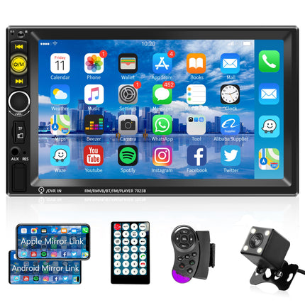 Car Radio 2 Din Bluetooth Handsfree IOS/Android Mirror Link 7 Inch Car Radio Double Din with Bluetooth FM/USB/AUX/TF Digital Media Receiver Steering Wheel Control Rear View Camera Remote Controls