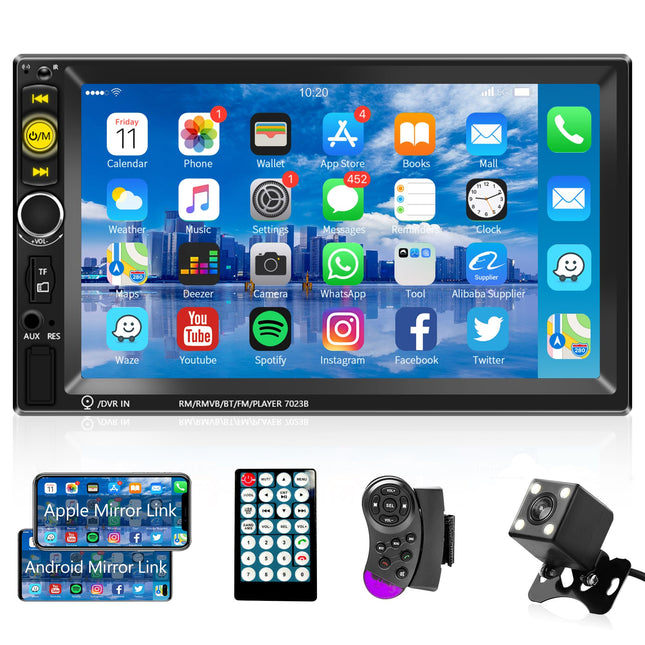 Car Radio 2 Din Bluetooth Handsfree IOS/Android Mirror Link 7 Inch Car Radio Double Din with Bluetooth FM/USB/AUX/TF Digital Media Receiver Steering Wheel Control Rear View Camera Remote Controls