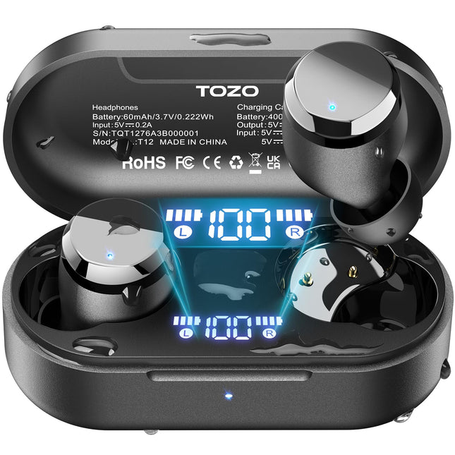 TOZO T12 Bluetooth kõrvaklapid, juhtmevabad Bluetooth 5.3, kõrvasisesed kõrvaklapid ENC kõnemüra summutusega, 55 tundi mänguaega, LED-ekraan, IPX8 veekindlus, rakenduse juhtimine - mustad