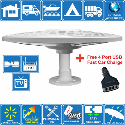 Helio-Magnet pikamaa digitaalne HD TV antenn, 360° igasuunaline, 33dB suure võimendusega võimendi UHF FM DAB. Toide 12V/24V/5V USB kaudu. Ideaalne matkaautodele, veoautodele, haagissuvilatele ja mererakendustele.