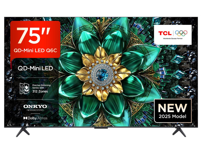 TCL 75Q6C 75-inch QD-Mini LED TV, 4K HDR Premium 1000nits, Smart TV with Google TV (Dolby Vision IQ &amp; Atmos, Onkyo 2.1 Sound System, 144Hz Motion Clarity Pro, Game Master)