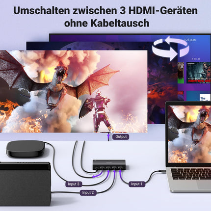 UGREEN HDMI 2.0 lüliti 4K@60Hz HDMI jaotur 3 sisse- ja väljalülituslüliti puldiga, ühildub PS5/4, Xboxi, Apple TV, Blu-Ray, teleri ja monitoriga