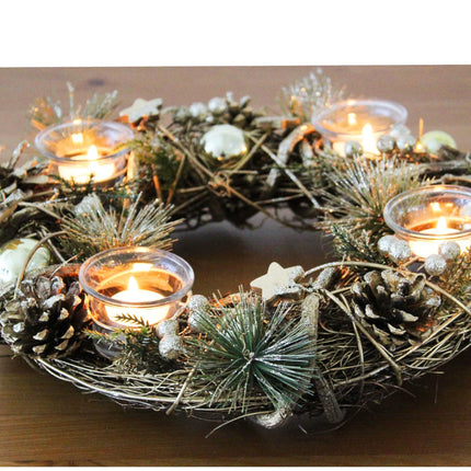 KAMACA XL Christmas wreath decorative wreath made of solid wooden branches with decoration such as fir branches and 4 glass candle holders Advent Christmas decoration table (XL Advent wreath gold 34 x 34 x 8 cm)