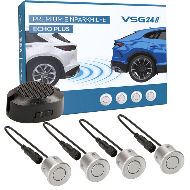 VSG24 Premium rear parking aid for retrofitting on the car, PDC parking sensors rear with plug-in system for easy installation, reversing alarm with loudspeaker &amp; 4 sensors, parking aid retrofit kit silver