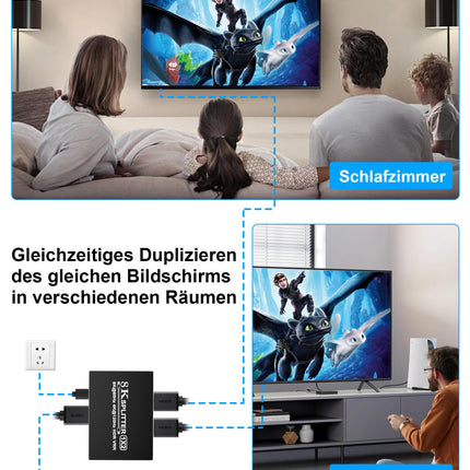 8K HDMI jaotur 1 sisend 2 väljundit - jaotur kahe monitori peegeldamiseks ja kopeerimiseks, toetab 8K@60Hz 4K@120Hz 1080P EDID HDCP2.3 HDR10 VRR Dolby Visioni PS5 Xboxi sülearvutile