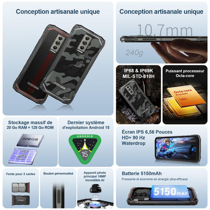 DOOGEE Blade 10 õuenutitelefon Android 15, 20GB+128GB/TF 2TB, 6.56-tolline HD+90Hz, 16MP+8MP kaamera, 5150mAh õuetelefon ilma lepinguta, 10.7 mm üliõhuke, kahekordne 4G SIM-kaart/Face ID/GPS/IP68/I69K/NFC