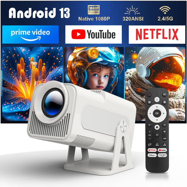 [Netflixi ametlik] Android 13 nutiprojektor erinevate ametlike telerirakendustega, häälassistendiga, 1080P natiivne/optiline eraldusvõime 320ANSI, 12000 luumenit, 5G WiFi, automaatne trapetsikorrektsiooniga projektor kodukino/õue jaoks