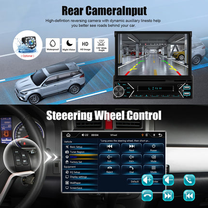 Juhtmevaba CAMECHO 1 DIN Carplay Android Auto, 7-tollise automaatse ekraaniga autoraadio Bluetoothi ​​ja vabakäesüsteemiga, kiirlaadimisega, peegliühendusega, FM Type-c/SD/AUX-sisendiga