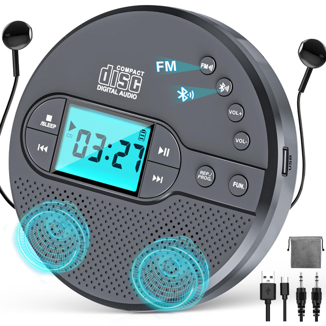 Walkman CD Player with Bluetooth - 2000mAh Rechargeable Discman CD Player with FM Transmitter, Headphones, LCD Screen, AUX, USB Portable Personal CD Player Anti-Slip Protector for Car