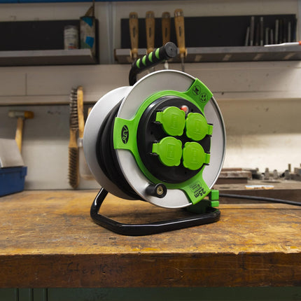 REV EX cable reel, 25m, H05RR, IP44, 3000W, with sliding contact, outdoor cable reel, 4 sockets, green