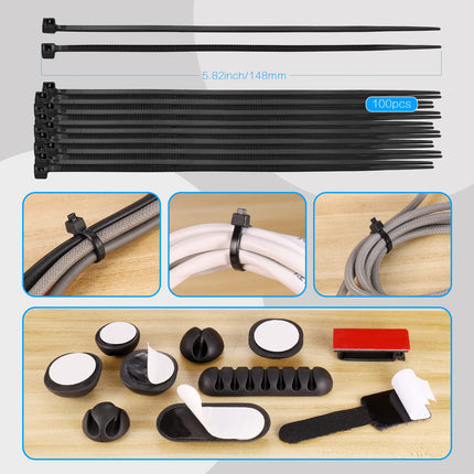 Zocipro 188-Piece Cable Management Kit, Cable Management for Desk, 4 Cable Sleeves with 52 Self-Adhesive Cable Clips, 10 Cable Ties, 20 Wall Cable Ties, 2 Rolls and 100 Quick Cable Ties