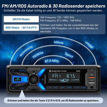 RDS autoraadio Bluetooth, Wistrue autoraadio C-tüüpi laadimispordiga, FM/AM 1DIN raadio Bluetooth-käed-vabad süsteemiga, MP3-mängija/2 USB/AUX/SD