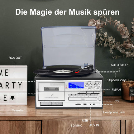 9-ühes plaadimängija Bluetoothi, CD, kasseti, AM/FM-raadio, USB SD MMC taasesituse ja kaugjuhtimispuldiga – 3-kiirusega plaadimängija, kõrvaklapipesa ja Aux In RCA Line Out.
