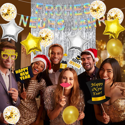 New Year's Eve Decoration 2025 XXL, 2025 New Year's Balloons Silver, Happy New Year Balloon Set, Silver Gold New Year's Decoration, New Year's Eve Party Set, New Year's Eve Confetti Photo Props New Year's Tinsel Curtain (White)