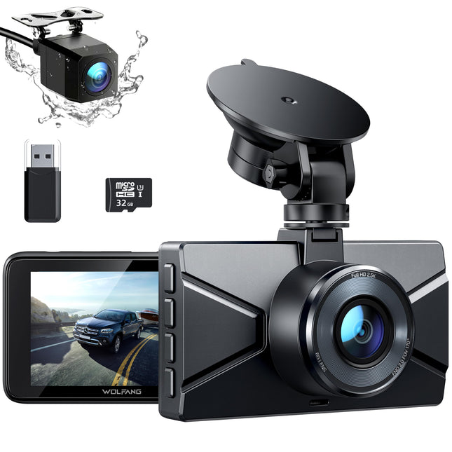 WOLFANG autokaamera ees ja taga 2.5K+1080P, öönägemine, 170° lainurk, WDR, 24h parkimisrežiim, G-andur, tsükkelsalvestus, siseruumidesse, 32GB SD-kaardiga