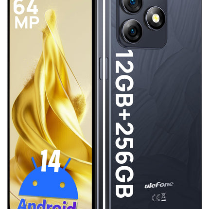Ulefone Note 18 Pro lukustamata nutitelefon, 64MP + 50MP + 32MP kaamera, 12GB + 256GB / SD-2TB Android 14 nutitelefon 18W kiirlaadimisega, 6,78-tolline HD+ ekraan, 5450mAh aku, 4G Face ID/sõrmejäljelugeja/GPS/OTG/NFC, must