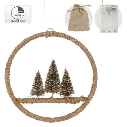 ECD Saksamaa LED-džuudist pärg Ø37cm 50 sooja valge LED-iga, dekoratiivne jõulupärg 3 kuusepuuga, džuudist kott, patareidega ja taimeriga, köiest rippuv pärg, uksel valguspärg jõulukaunistus sees
