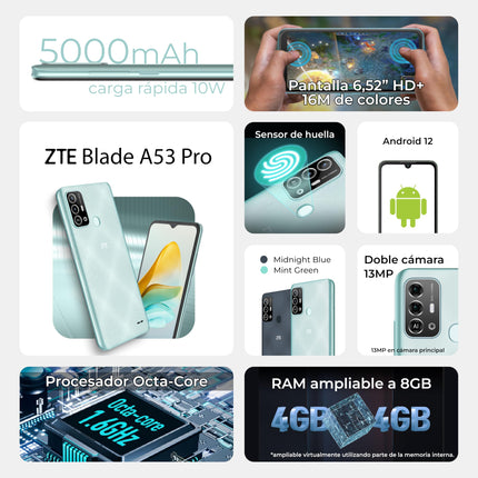 ZTE Blade A53 Pro Smartphone, 16.52 cm (6.52 inches), HD+, 4 GB RAM, 64 GB Storage, 13 MP Dual Camera, 5000 mAh Battery, Fingerprint Sensor, Dual SIM, Midnight Blue
