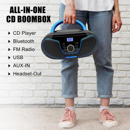 Kaasaskantav CD-mängija Boombox Bluetooth - FM-raadio, USB-sisendi ning AUX- ja kõrvaklappide portidega, 2 x 2-vatise RMS-stereosüsteemiga (LP-D02)