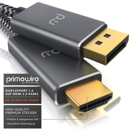 4K 2m Displayport 1.4 to HDMI cable - HDTV cable standard 2.0 - UHD 3840 x 2160 @ 60 Hz - triple shielding - kink protection - metal connectors - audio and video adapter cable for projectors, laptops, monitors