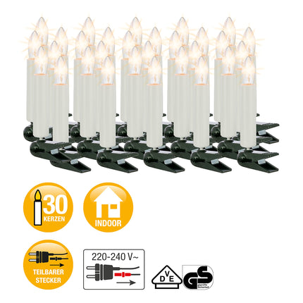 Hellum Christmas tree light chain, ribbed candles for indoor use, 30-piece Christmas tree light chain warm white, with white shaft, green cable &lt; 59 lumens 813012
