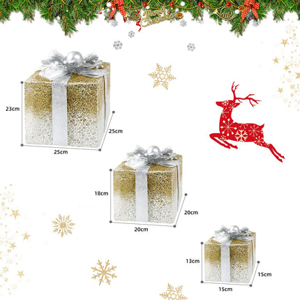 CCLIFE Set of 3 LED gift boxes Christmas Christmas box Illuminated fairy lights battery-operated Christmas decoration