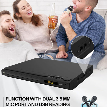 DVD-mängija telerile, HDMI-toega DVD-mängija, PAL/NTSC tugi, regioonivaba CD-mängija karaoke-portidega, USB-sisend, HDMI- ja AV-kaablid